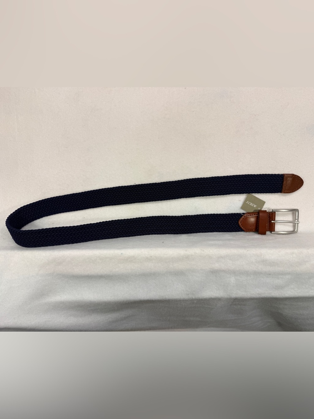 J. Crew Stretch Woven Navy Belt with Brown Leather Trim